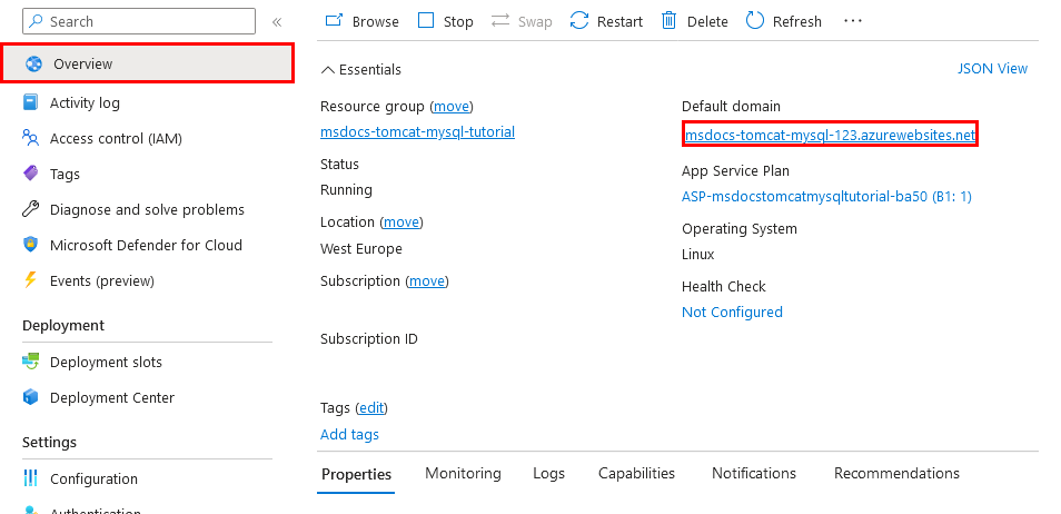 Captura de tela que mostra como inicializar um Serviço de Aplicativo no portal do Azure.