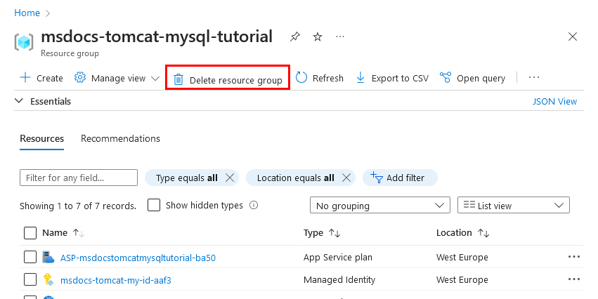 Uma captura de tela mostrando o local do botão **Excluir Grupo de Recursos** no portal do Azure.