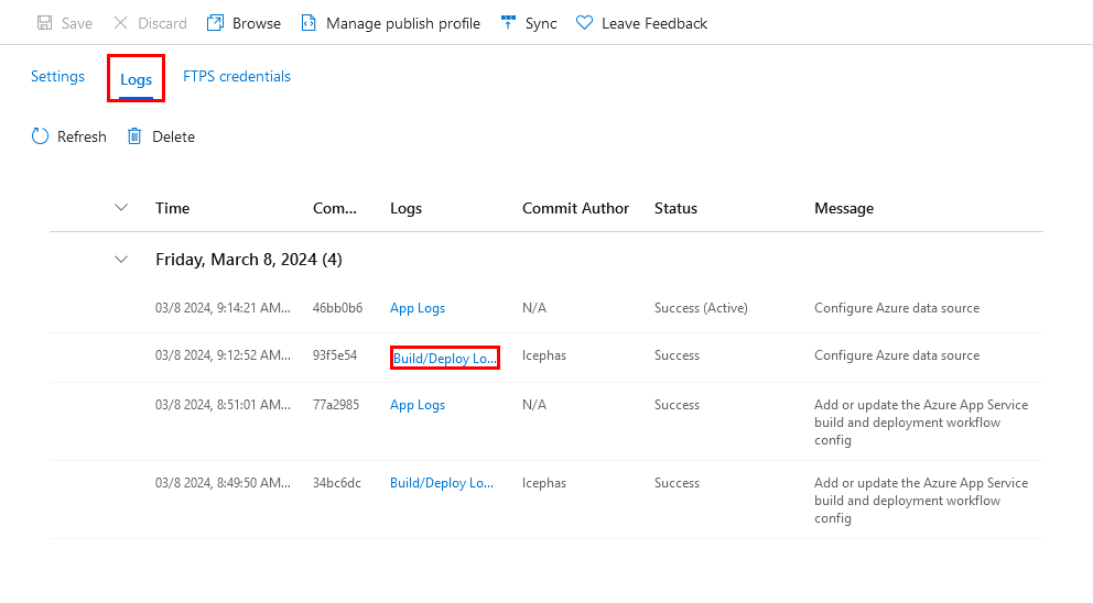 Uma captura de tela que mostra como abrir logs de implantação no Centro de Implantação.