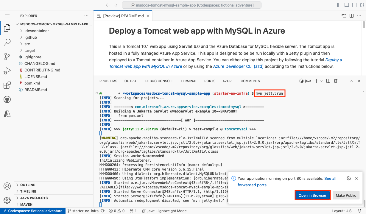 Uma captura de tela mostrando como executar o aplicativo de exemplo dentro do codespace do GitHub.