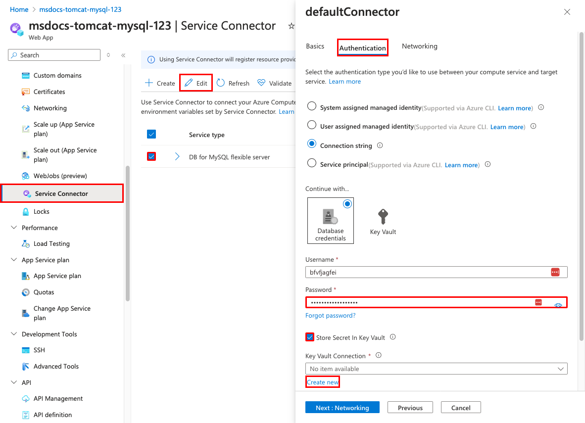 Captura de tela mostrando como editar um conector de serviço com uma conexão de cofre de chaves.