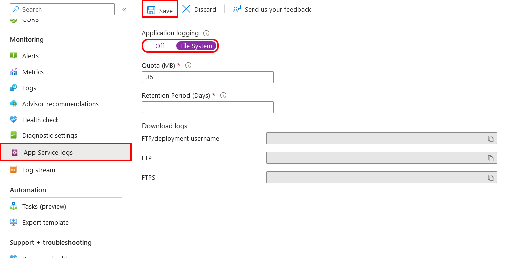 Uma captura de tela mostrando como habilitar logs nativos no Serviço de Aplicativo no portal do Azure.