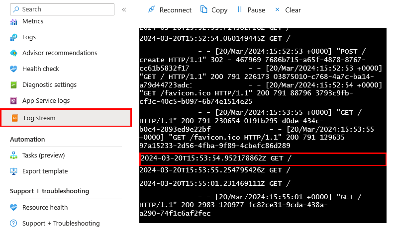 Captura de tela mostrando como exibir o fluxo de logs no portal do Azure.