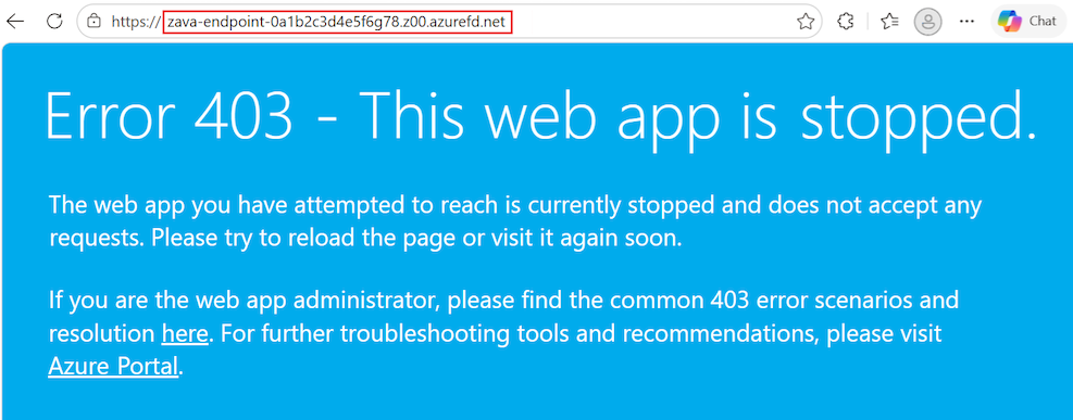 Captura de tela da mensagem exibida no navegador quando ambos os aplicativos Web são interrompidos e nenhuma conexão é possível.