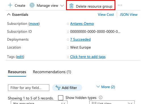 Uma captura de tela mostrando o local do botão Excluir Grupo de Recursos no portal do Azure.