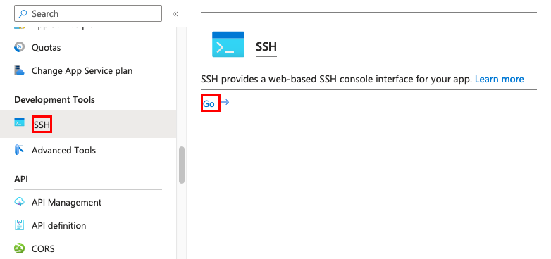 Uma captura de tela que mostra como abrir o shell SSH para seu aplicativo no portal do Azure (Django).