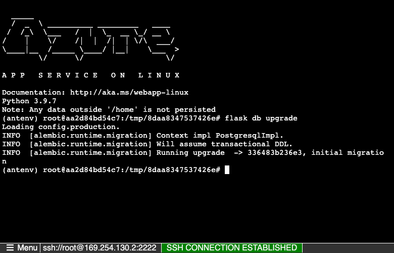 Uma captura de tela mostrando os comandos para executar o shell SSH e a saída deles (Flask).