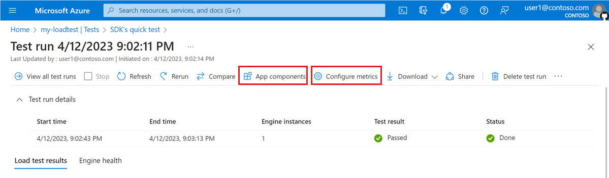 Captura de tela que mostra como configurar os componentes do aplicativo e as métricas de recursos para uma execução de teste no portal do Azure.