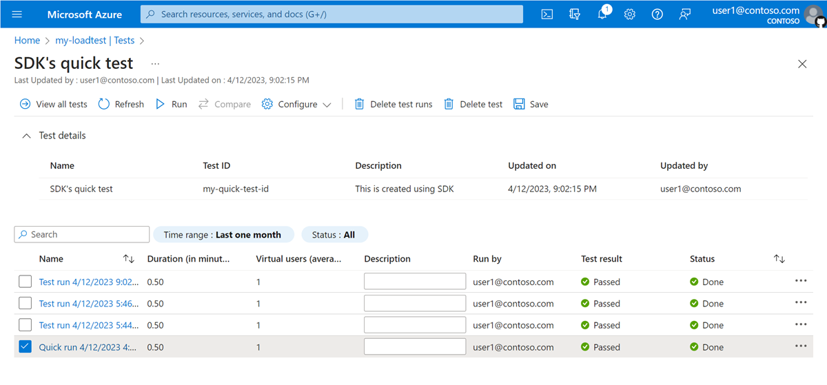 Captura de tela que mostra a lista de execuções de teste para um teste de carga no portal do Azure.