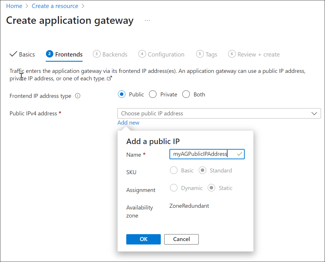 Captura de tela da criação de novo gateway de aplicativo: frontends.