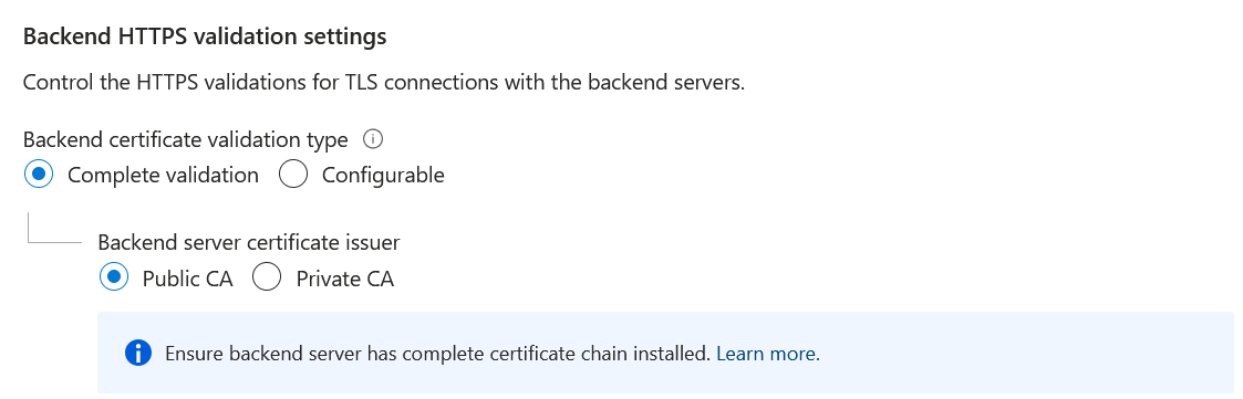 Um diagrama mostrando a exibição do portal dos controles de validação do TLS disponíveis para os clientes.