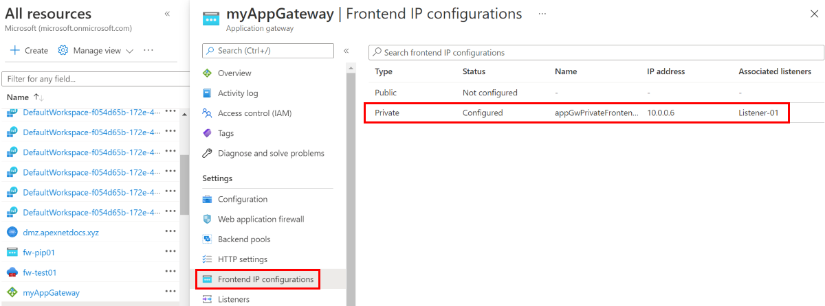 Painel Configurações de IP de front-end com Tipo privado destacado.
