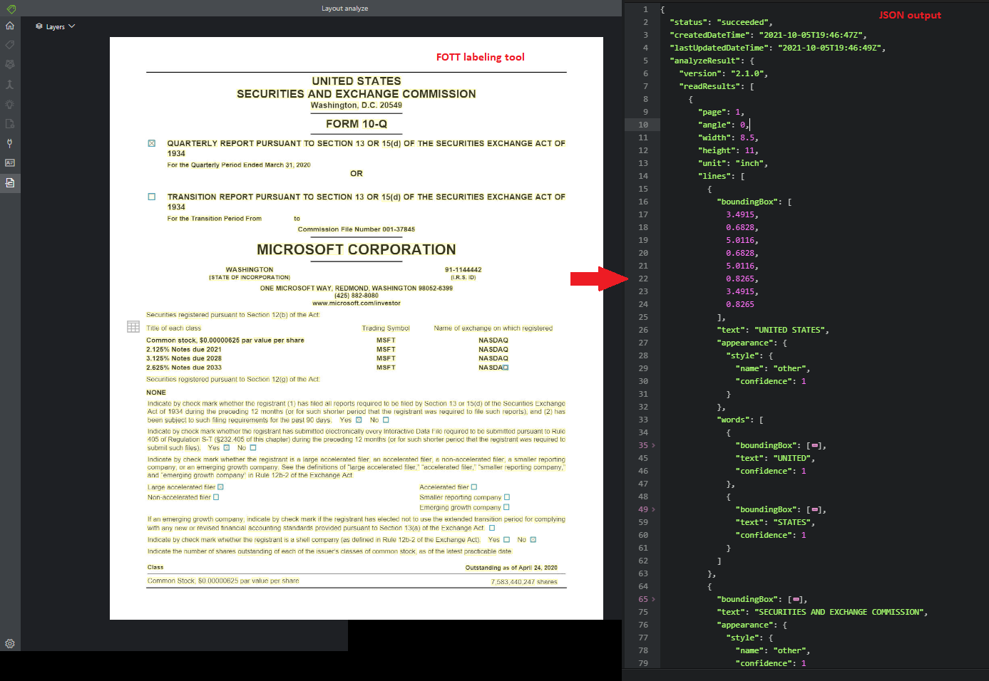 Captura de tela da análise de layout usando a Ferramenta de rotulagem de exemplo.