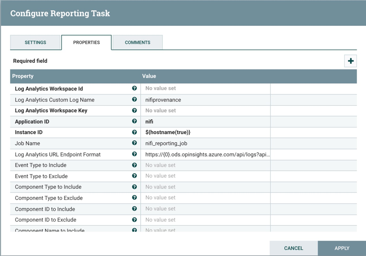 Captura de tela da janela NiFi Configure Reporting Task. O menu Propriedades está visível. Ele lista os valores das configurações do Log Analytics.