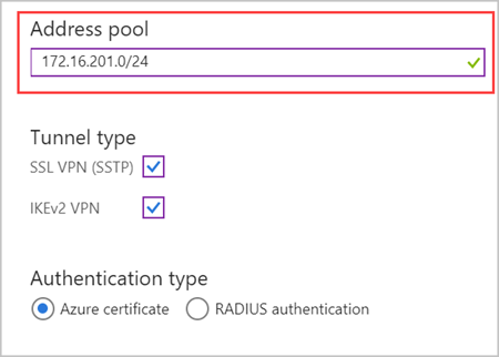 Captura de tela que mostra as configurações de opção ponto a site em um gateway de rede virtual do Azure.