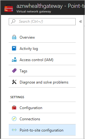 Captura de tela que mostra a opção ponto a site em um gateway de rede virtual do Azure.