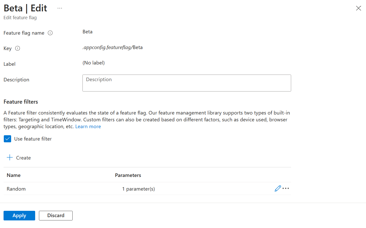 Captura de tela do portal do Azure, aplicando o novo filtro personalizado.