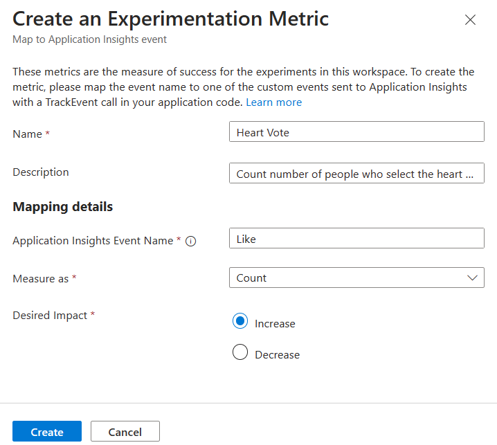 Captura de tela do portal do Azure, criando uma métrica de experimentação.