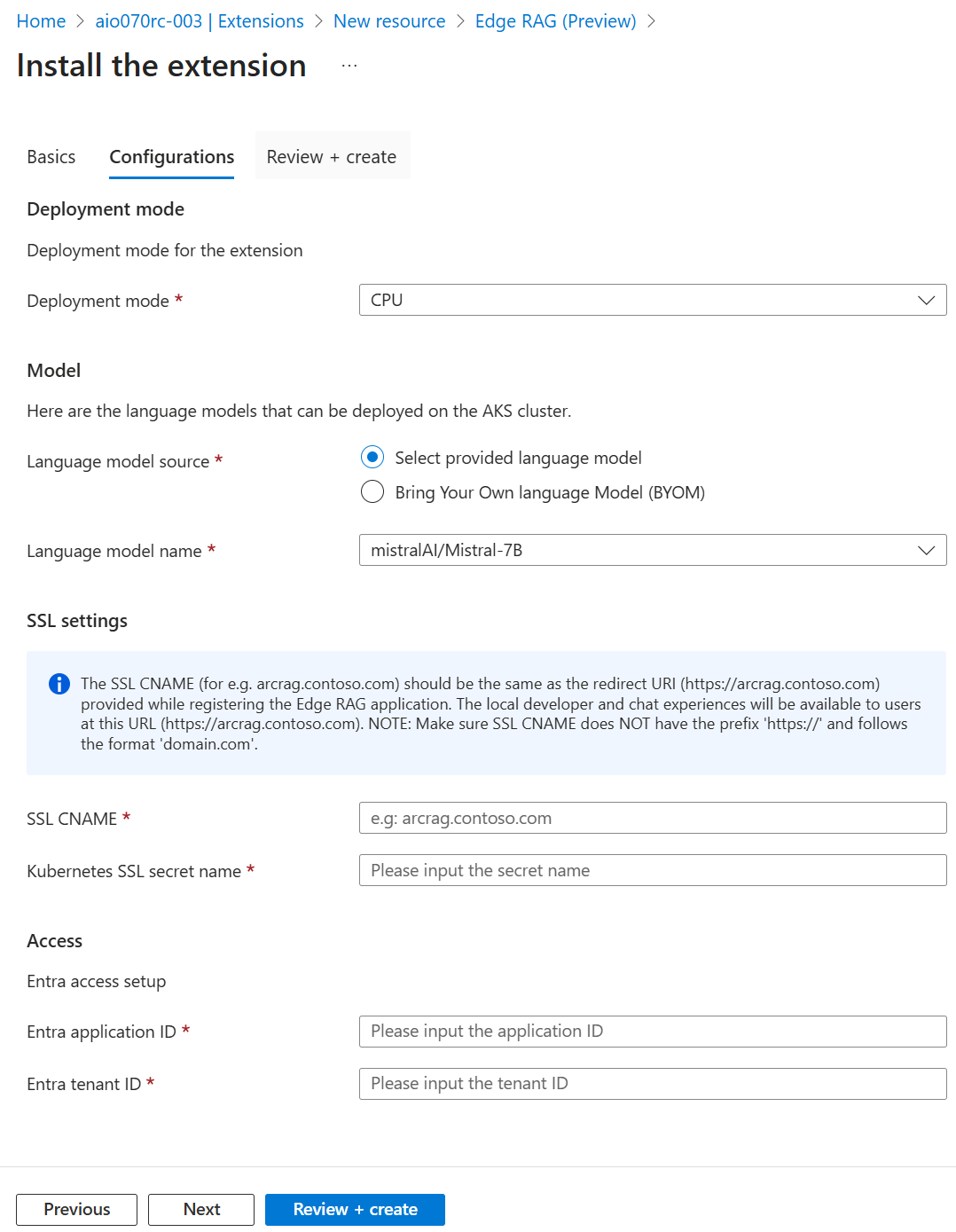 Captura de tela da guia configuração em que você seleciona o tipo de modelo e outras configurações.