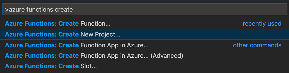 Captura de tela que mostra a paleta de comandos do Visual Studio Code com Criar projeto do Azure Functions destacado.