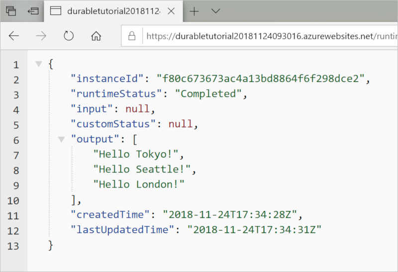 Captura de tela de uma janela do Edge. A janela mostra a saída da invocação de um aplicativo de Durable Functions simples no Azure.