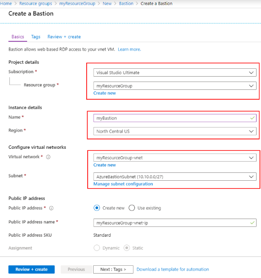 Create an Azure Bastion host with specific subnet