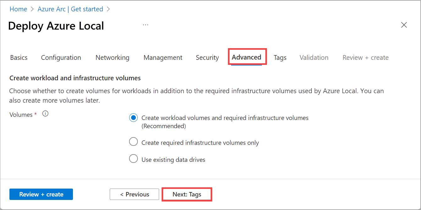 Captura de tela da guia Avançado na implantação por meio do portal do Azure.