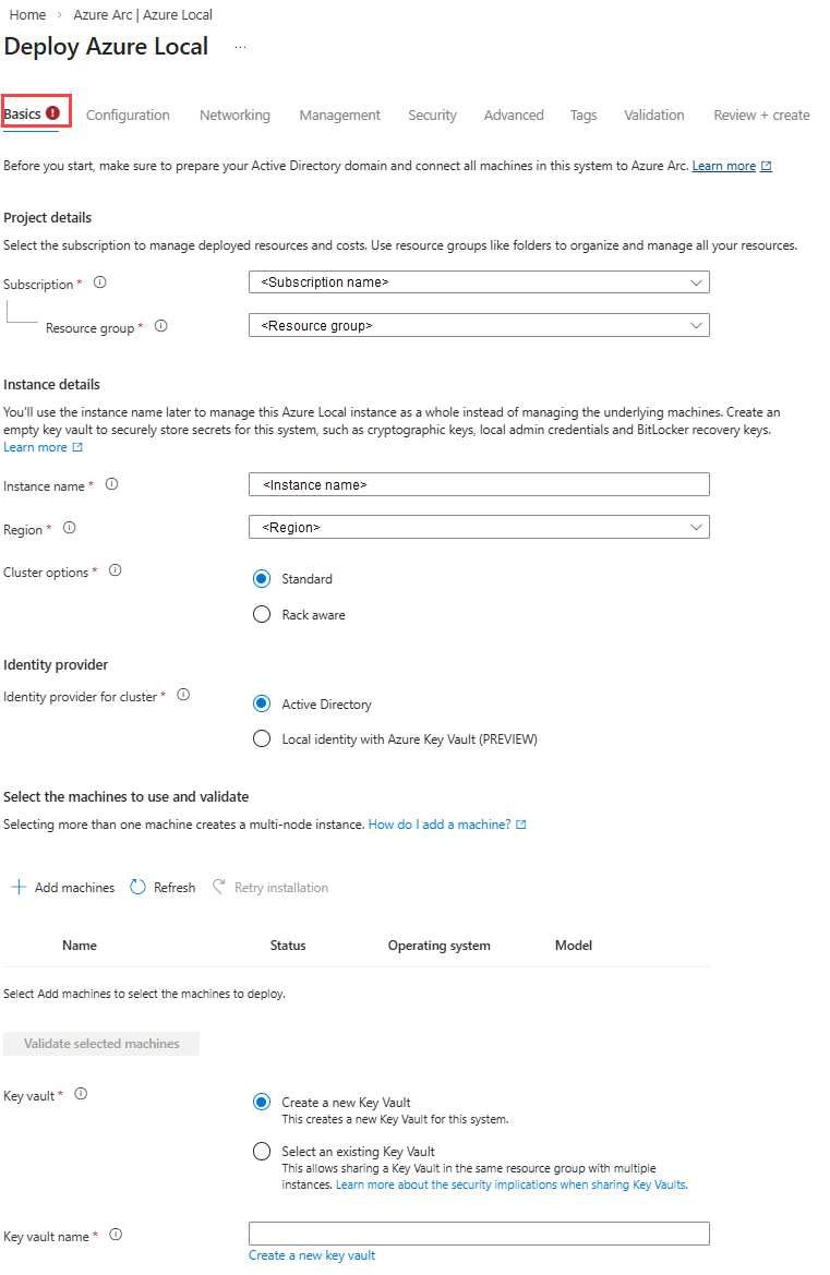 Captura de tela da guia Noções básicas na implantação por meio do portal do Azure.