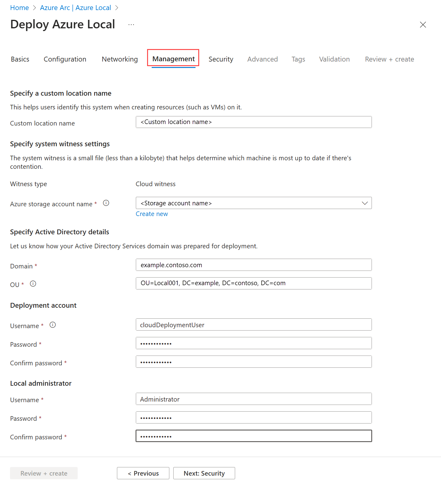 Captura de tela da guia Gerenciamento na implantação por meio do portal do Azure.