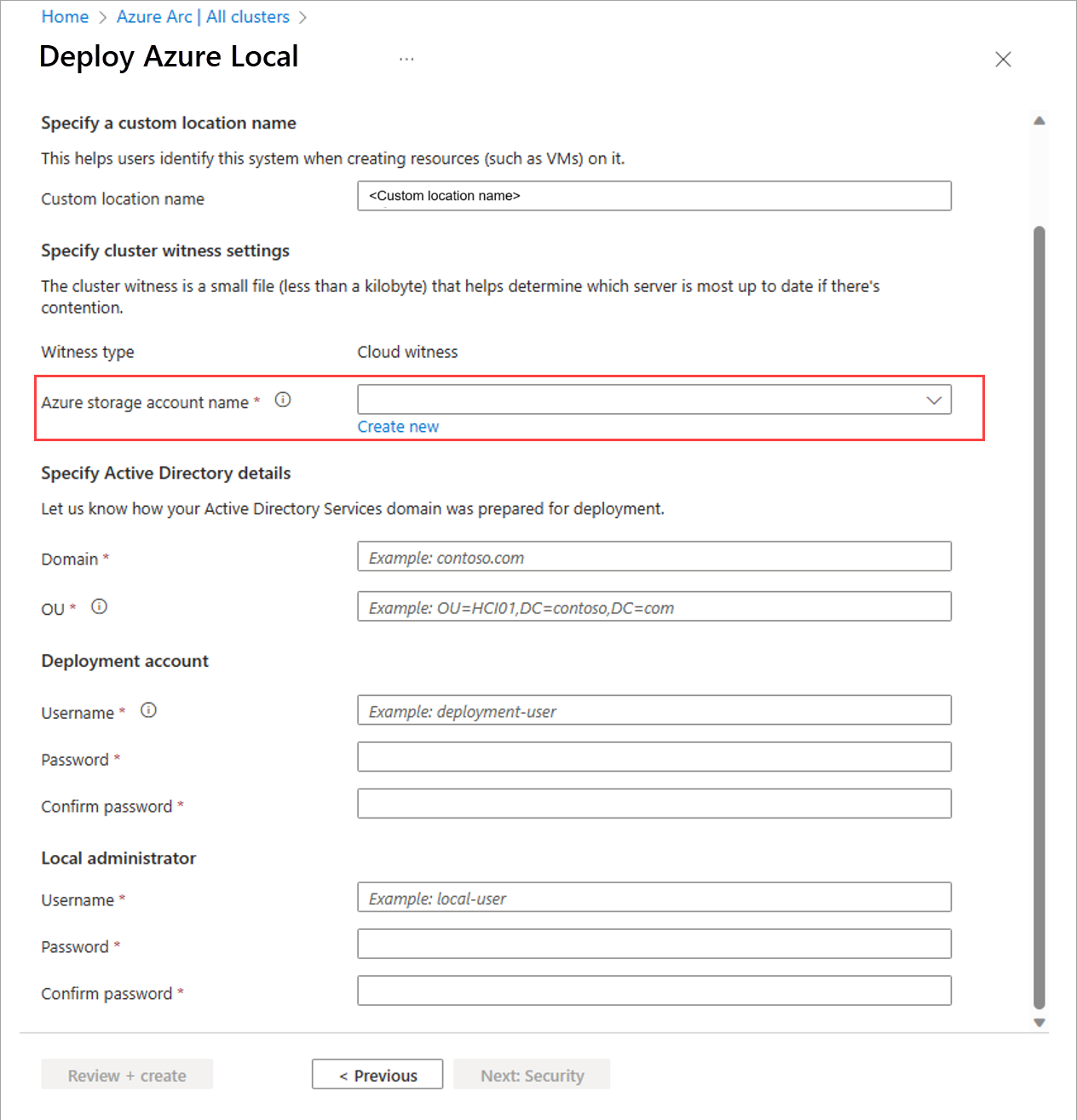 Captura de tela da guia Gerenciamento com conta de armazenamento para testemunha de cluster para implantação por meio do portal do Azure.