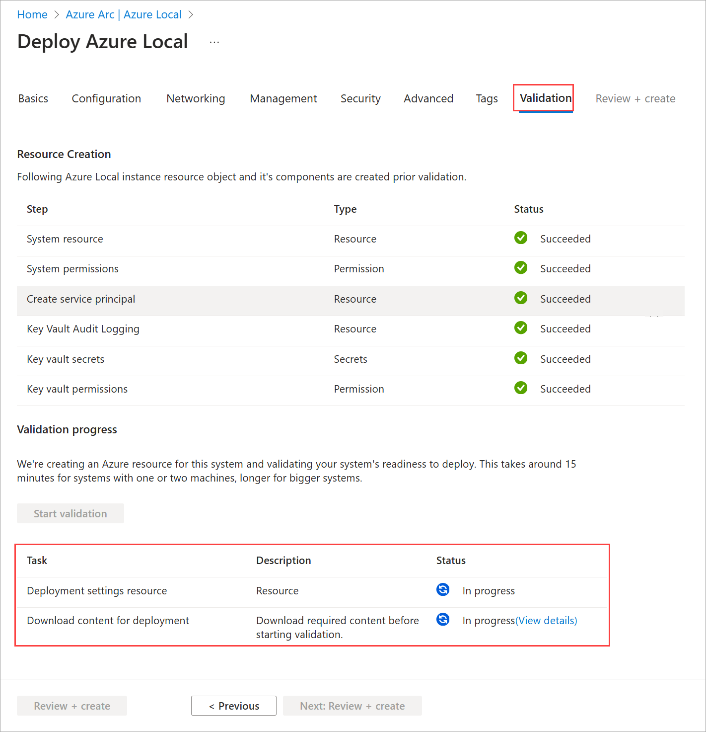 Captura de tela da validação em andamento na guia Validação na implantação por meio do portal do Azure.