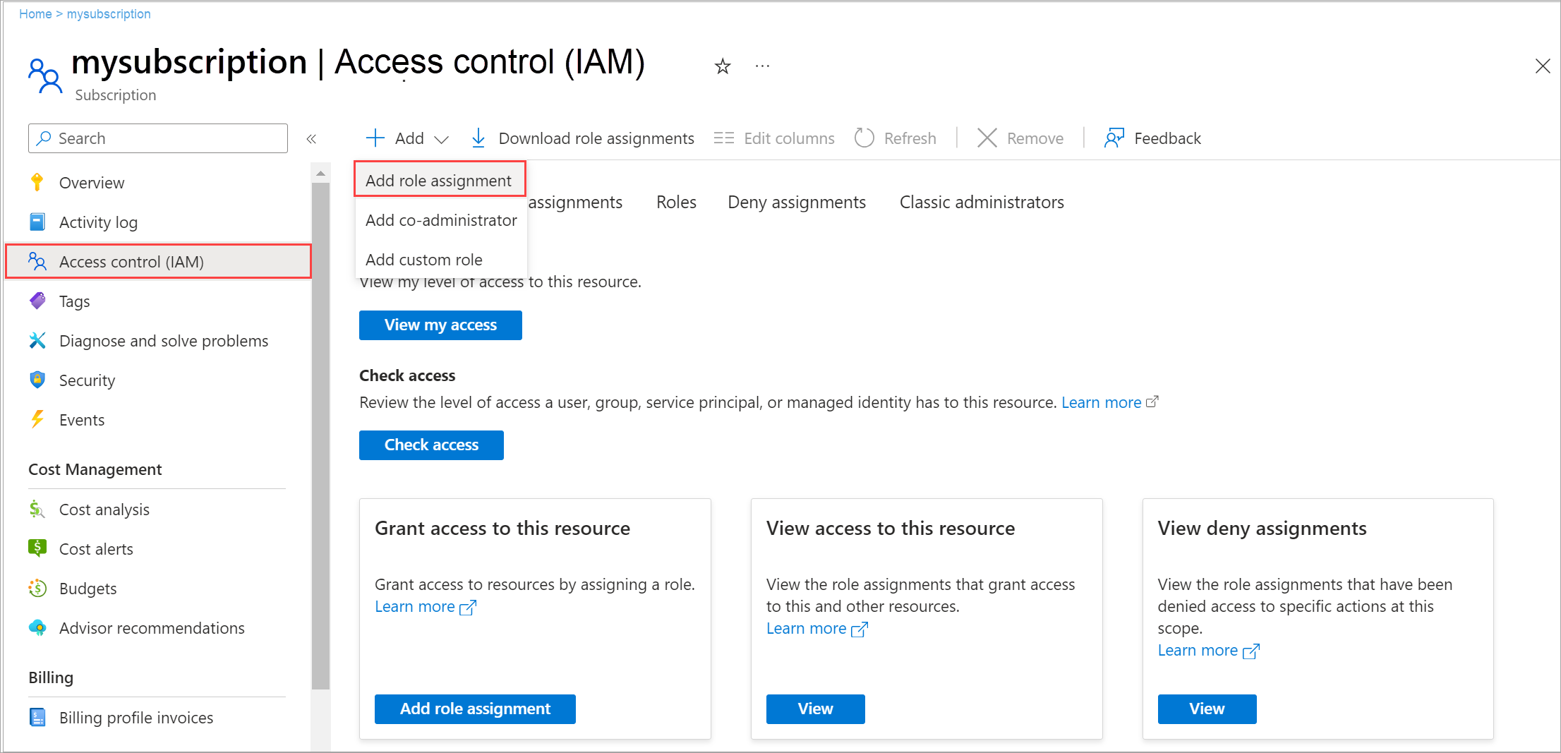 Captura de tela da atribuição Adicionar função no Controle de acesso na assinatura para implantação local do Azure.