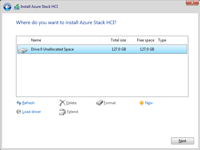 Captura de tela da página de tipo de instalação do assistente Instalar o Azure Stack HCI.