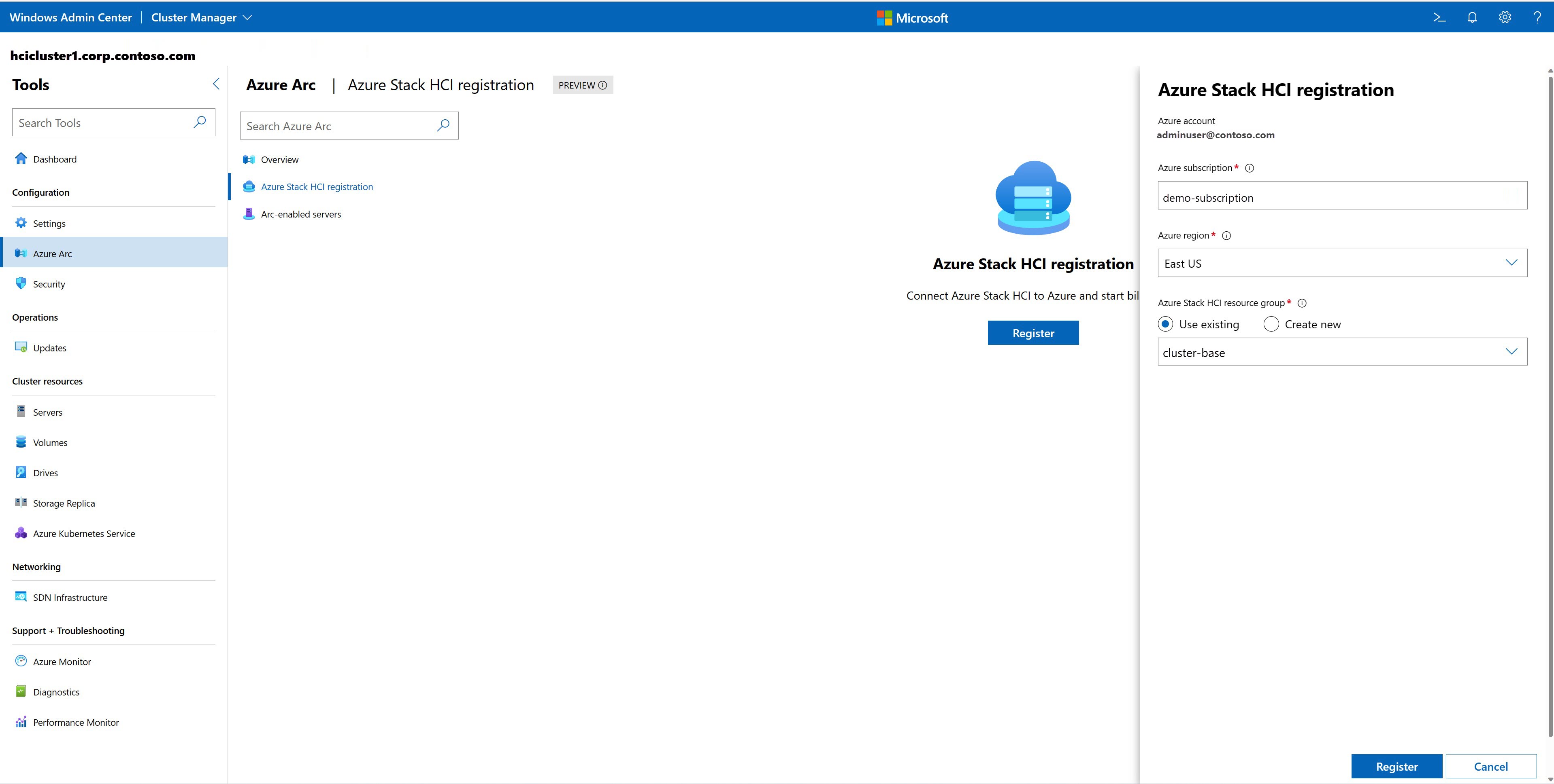 Captura de tela do assistente de registro de cluster.