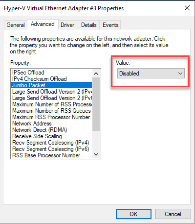 A configuração de Pacote Jumbo das propriedades avançadas do Hyper-V do host do servidor