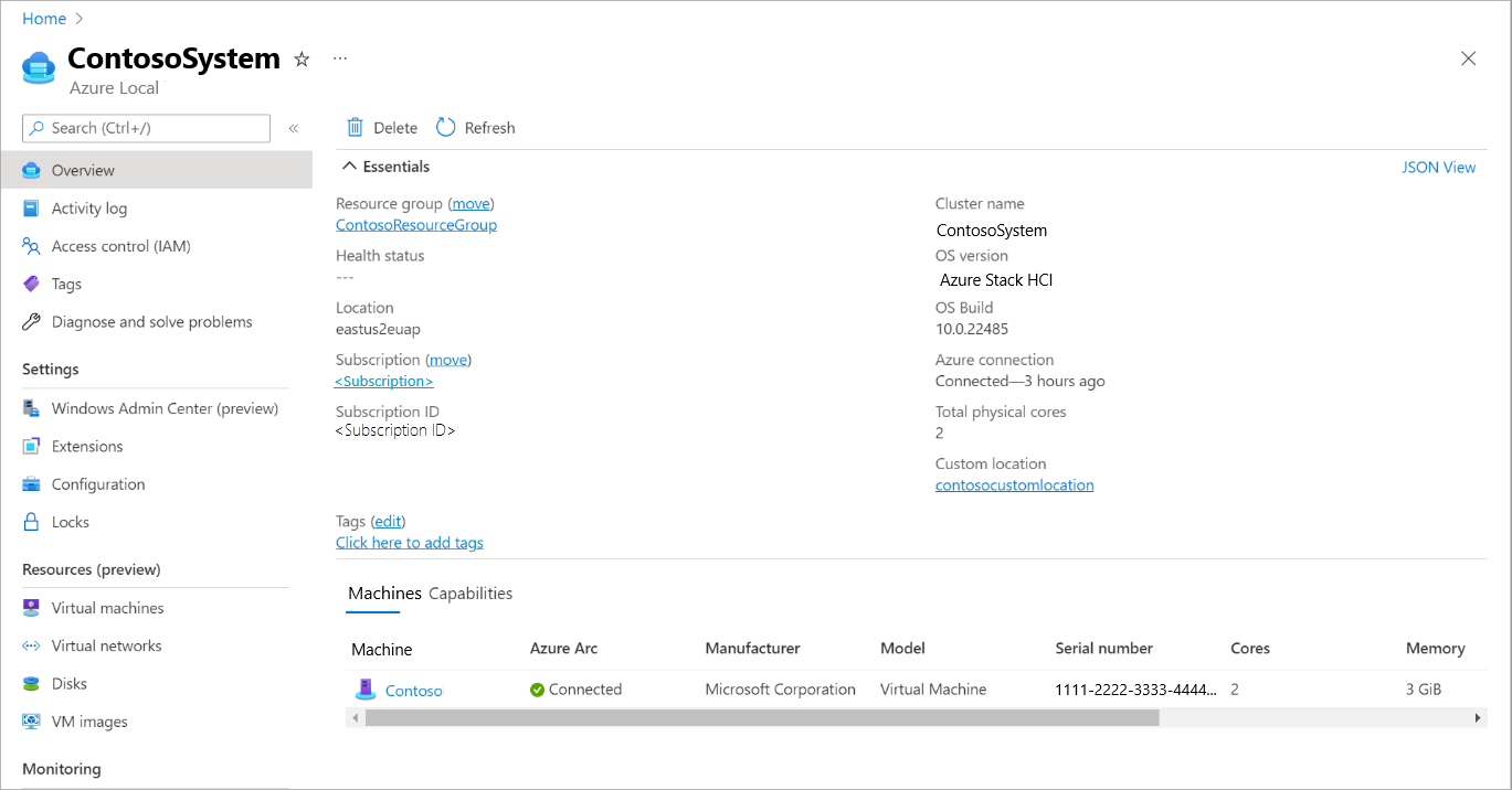 Captura de tela da página Visão geral no recurso local do Azure mostrando o Azure Arc como conectado.