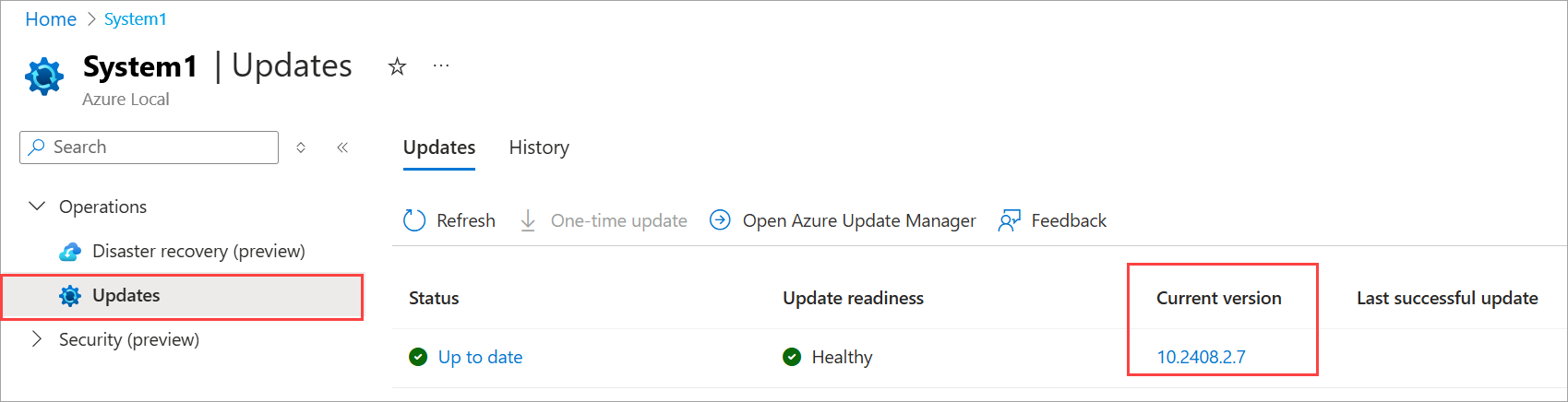 Captura de tela da página Atualizações no recurso Local do Azure mostrando a versão atual do software.