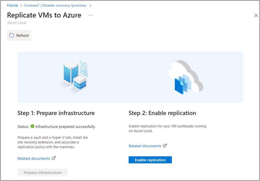 Captura de tela de Habilitar replicação no portal do Azure para um recurso local do Azure.