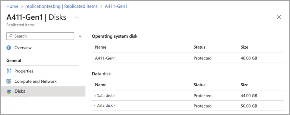 Captura de tela de discos para uma VM replicada selecionada no portal do Azure para o recurso local do Azure.