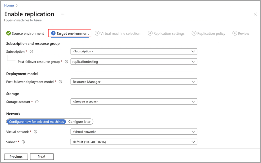 Captura de tela da guia do ambiente de destino no portal do Azure para o recurso Local do Azure.