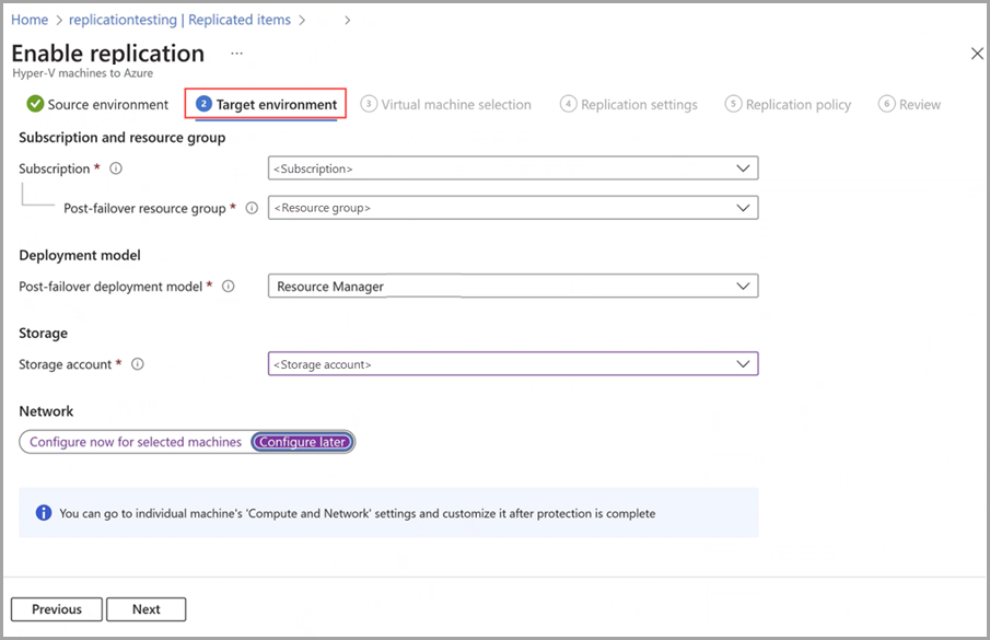 Captura de tela da guia do ambiente alvo com a opção Configurar mais tarde selecionada no portal do Azure para o recurso Local do Azure.