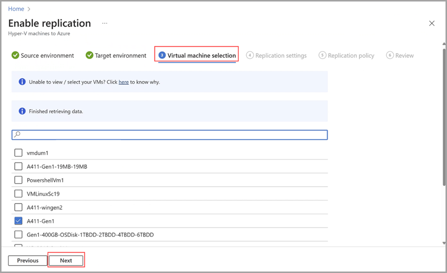 Captura de tela da guia de seleção virtual no portal do Azure para o recurso Local do Azure.