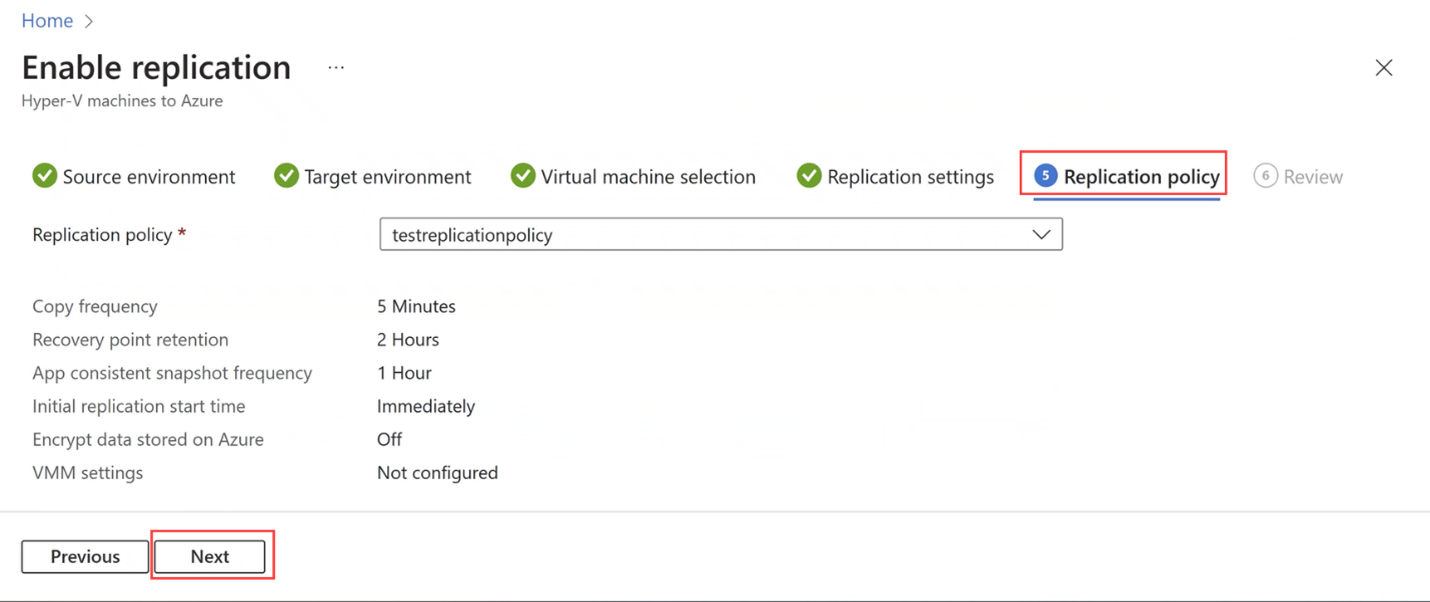 Captura de tela da guia de política de replicação no portal do Azure para o recurso Local do Azure.