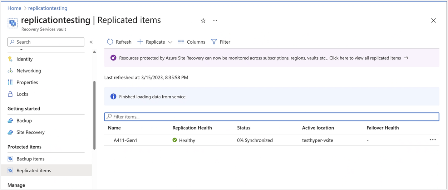 Captura de tela de itens replicados no portal do Azure para o recurso Azure Local.