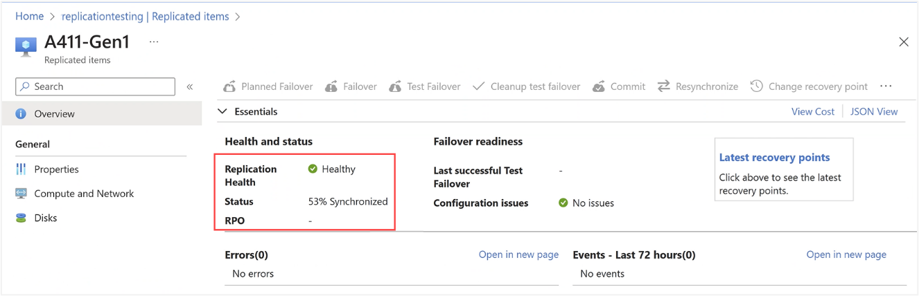 Captura de tela da Visão geral de um item replicado no portal do Azure para um recurso local do Azure.