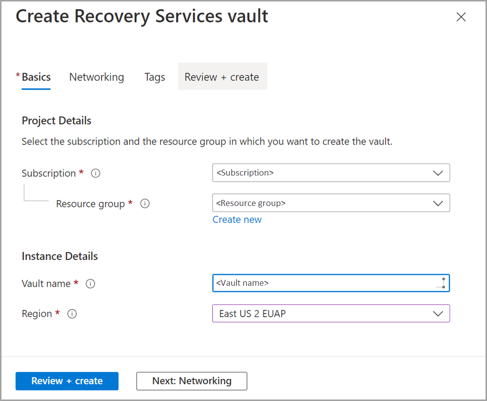 Captura de tela do cofre Criar Serviços de Recuperação no portal do Azure para o recurso Azure Local.