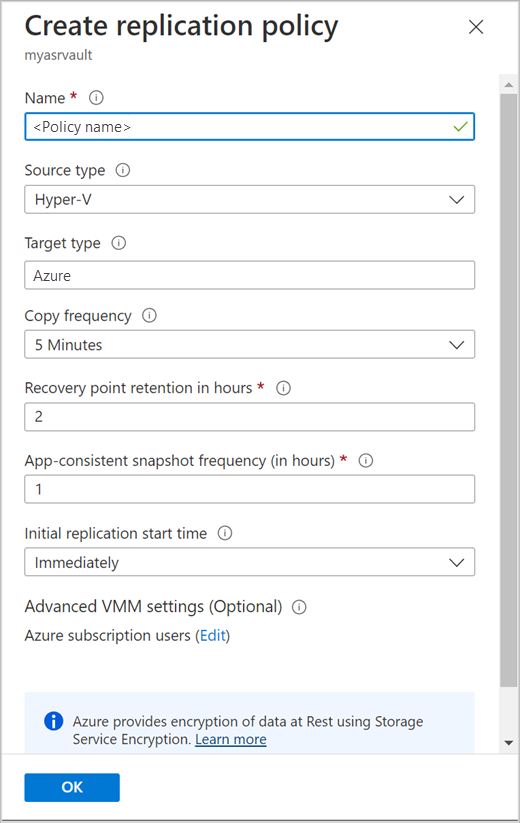 Captura de tela de Criar política de replicação no portal do Azure para o recurso Local do Azure.