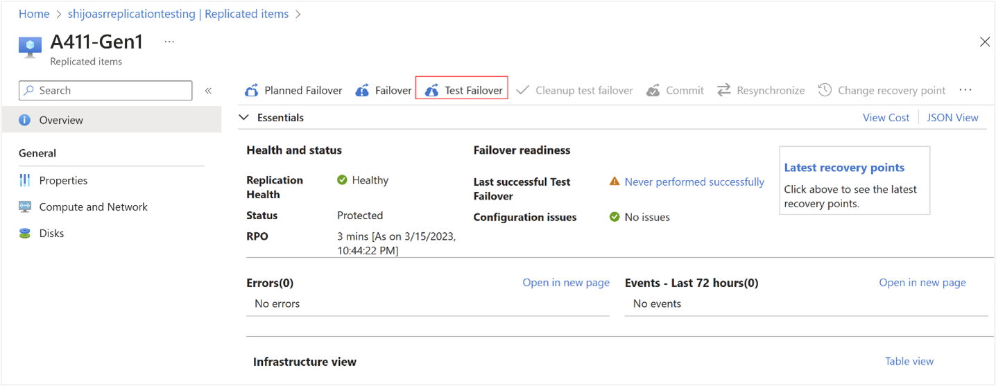 Captura de tela do failover de teste para uma VM replicada selecionada no portal do Azure para o recurso Azure Local.