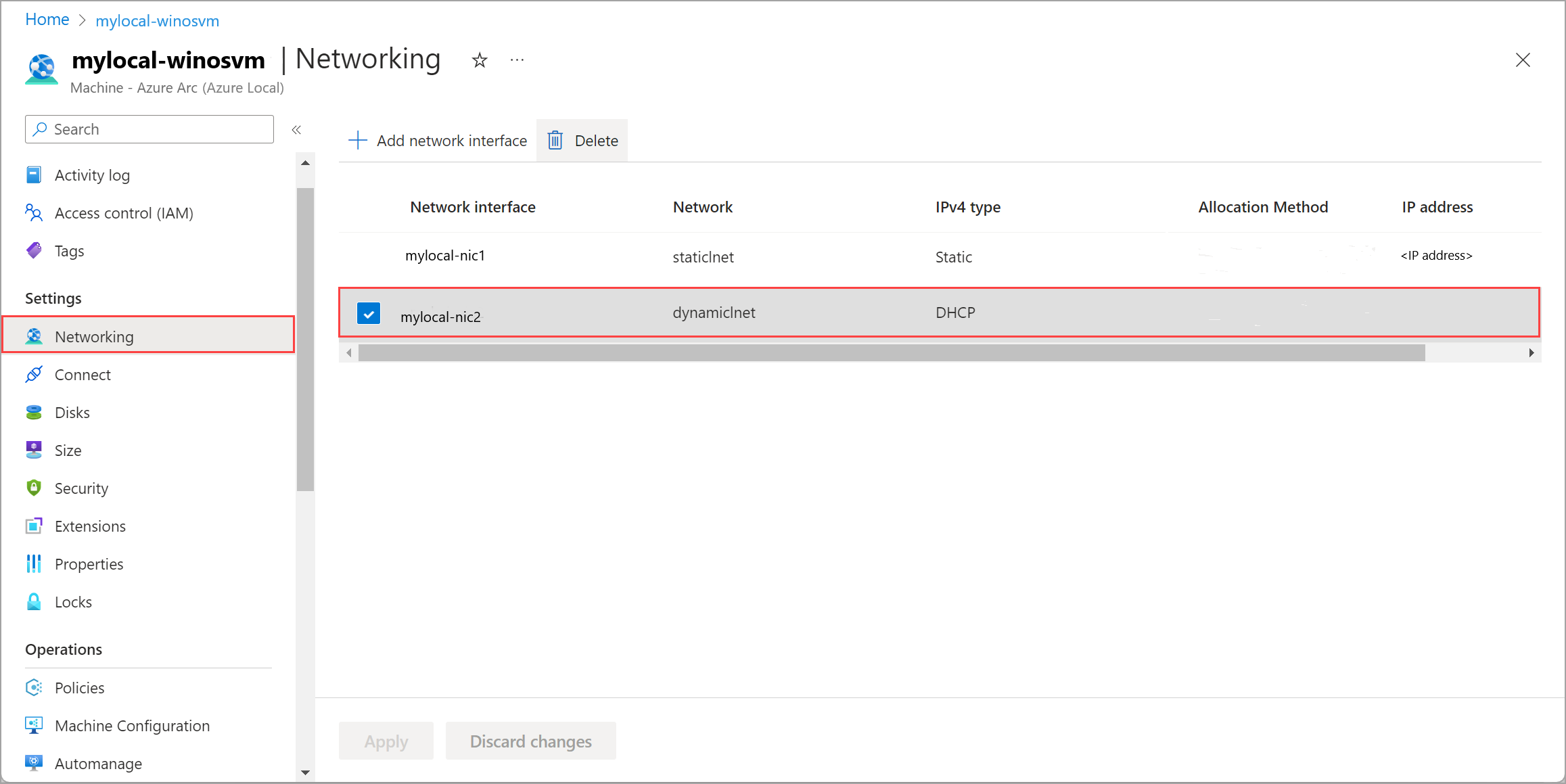 Captura de tela de uma interface de rede selecionada e do botão Excluir no painel Rede.