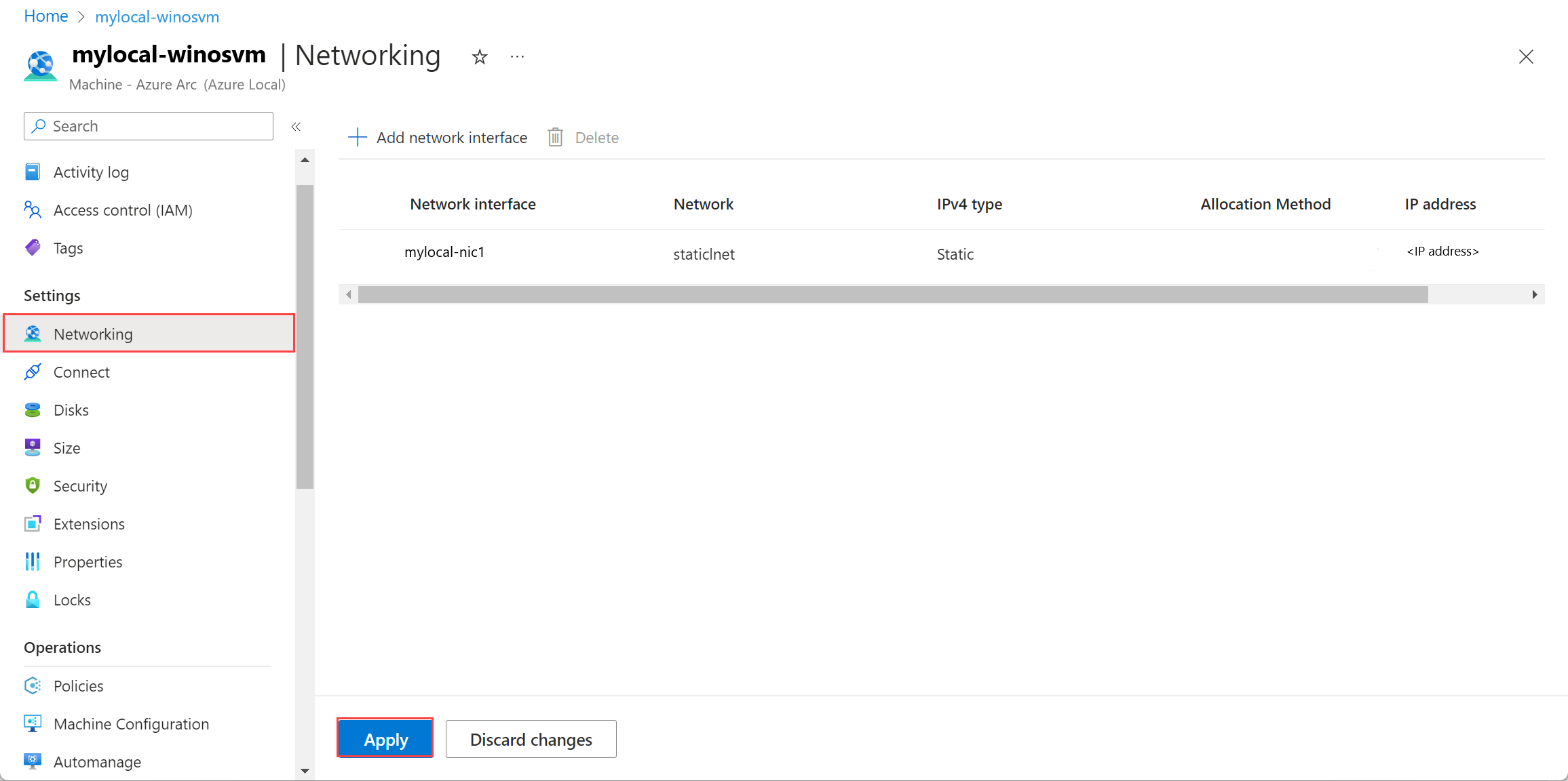 Captura de tela do botão Aplicar no painel Rede de uma VM.